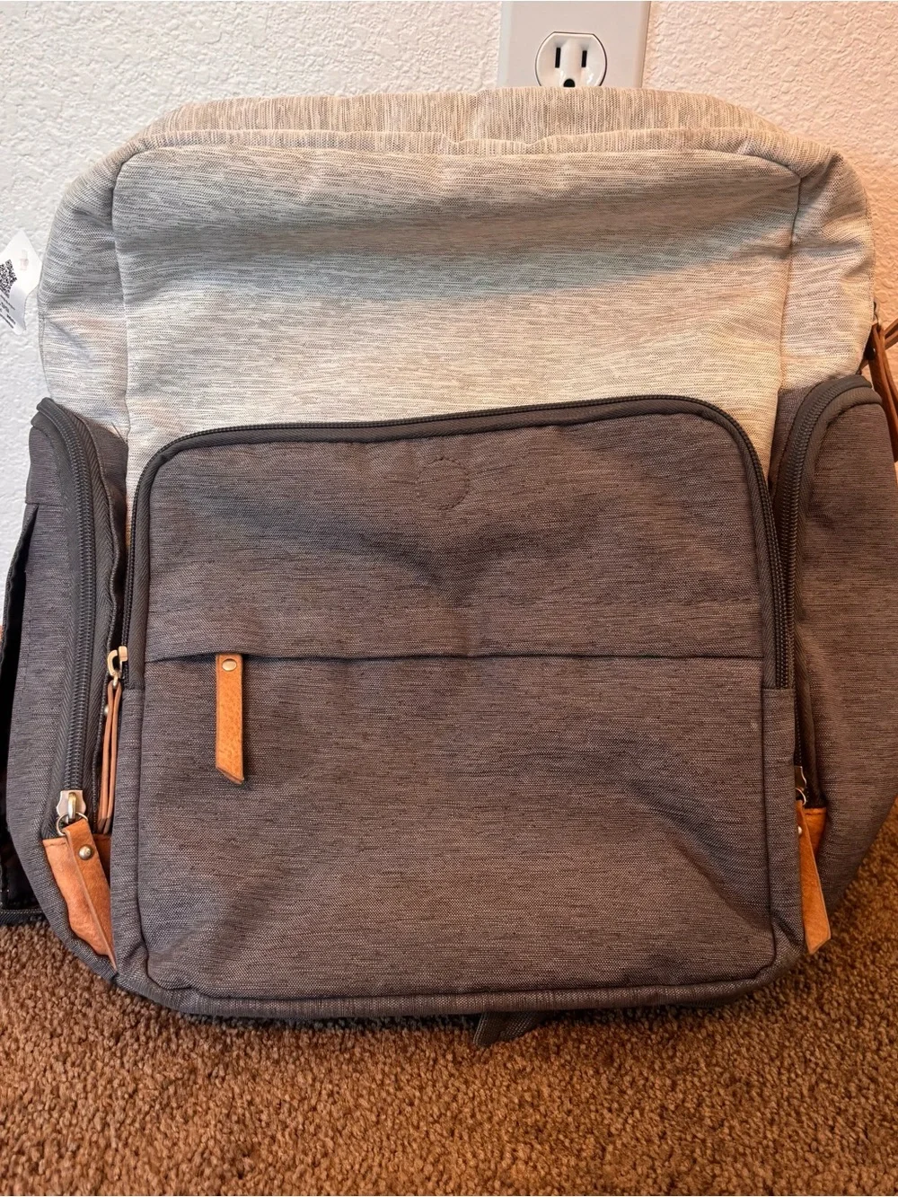 Eddie Bauer Cascade Backpack Diaperbag in gray and white with tan trim